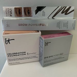 IT Cosmetics full face set; foundation powder, blush, and eyebrow pencil